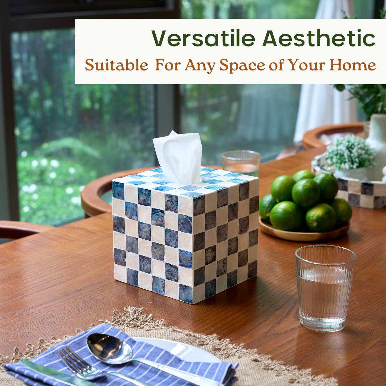 Square Checkered Tissue Box (Blue)