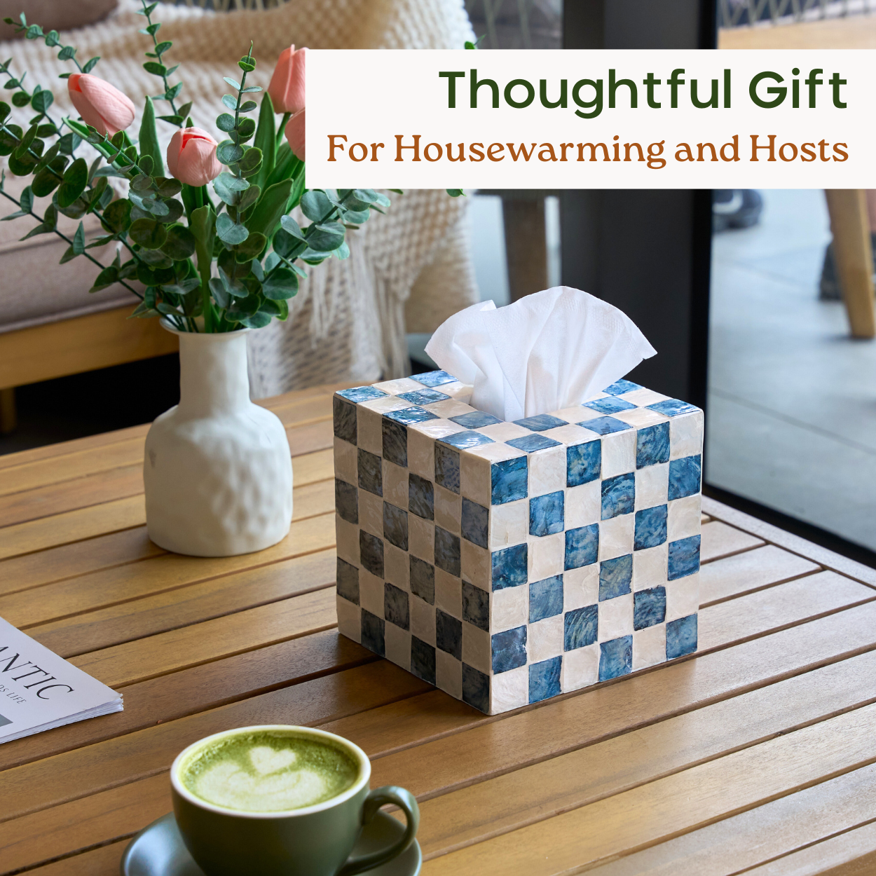 Square Checkered Tissue Box (Blue)